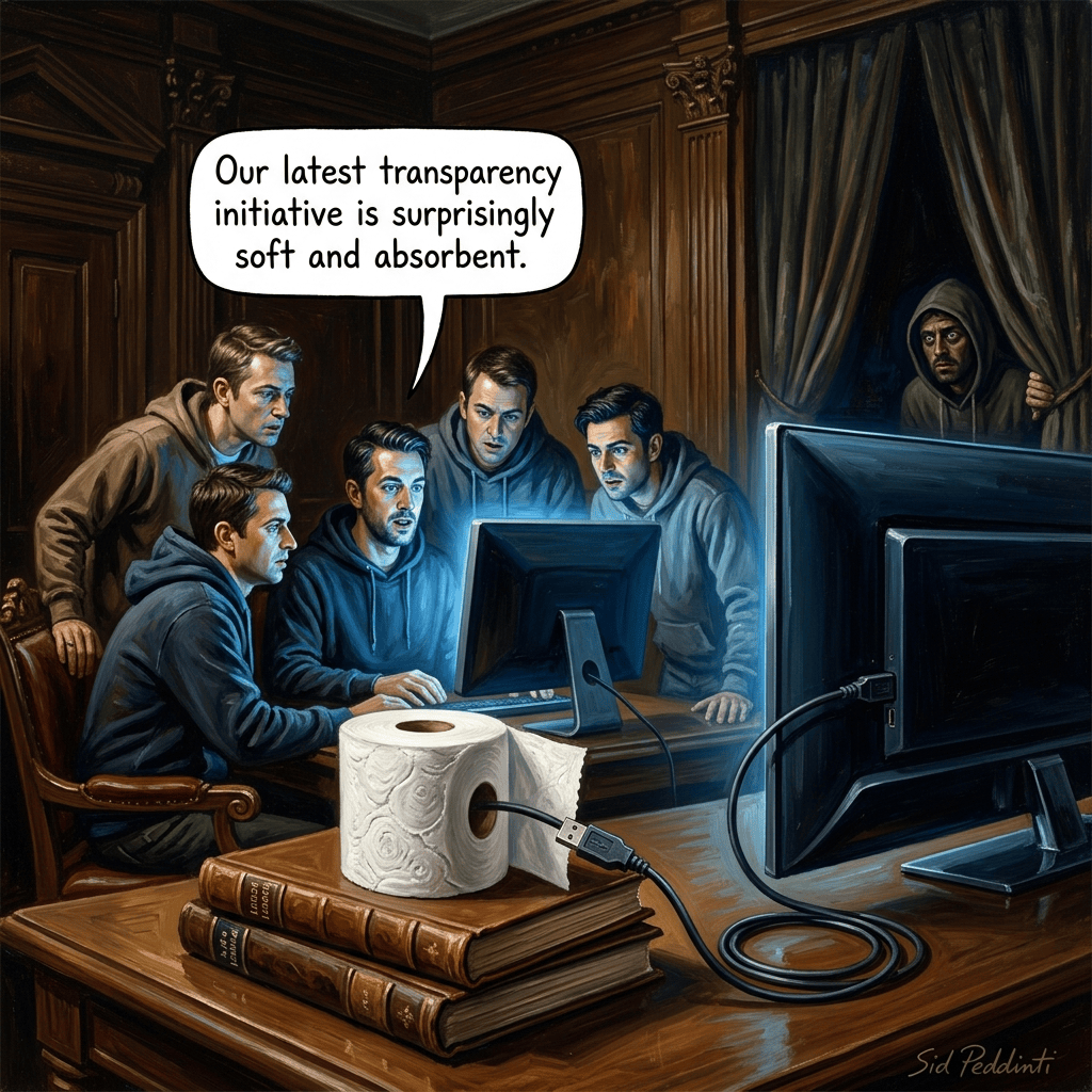 A group of five men in hoodies gathers around a computer, intently looking at the screen. They are in a dimly lit room with wooden paneling. In front of them are two stacked books and a roll of paper towels connected to the monitor with a USB cable. One of the men is speaking, saying, 'Our latest transparency initiative is surprisingly soft and absorbent.'