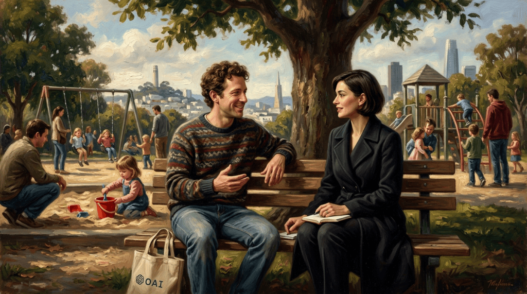 A man and woman sit on a park bench, engaged in conversation. The man, wearing a patterned sweater, smiles as he gestures, while the woman, in a dark coat, holds a book and listens attentively. In the background, children play on swings and in a sandbox, with a playground and city skyline visible.